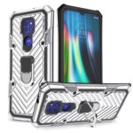 Rugged silver phone case with built-in kickstand for hands-free use.