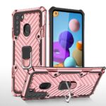 Pink rugged phone case with built-in ring holder for a smartphone.