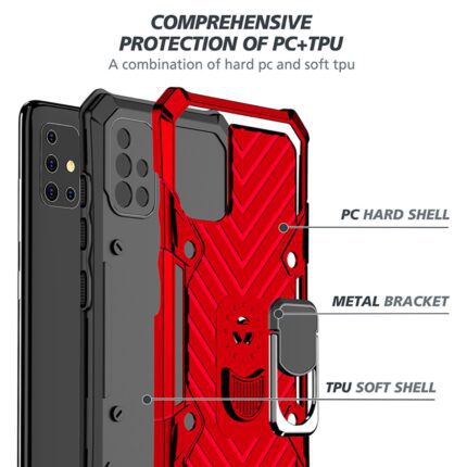 Red protective phone case with hard shell, metal brackets, and TPU soft shell layers.