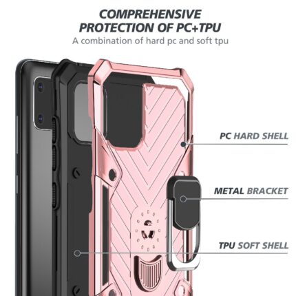 A rugged phone case with PC hard shell, metal bracket, and TPU soft shell layers.