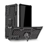 Sleek black phone case with a built-in kickstand and textured design.