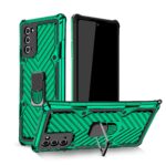 Green carbon fiber phone case with kickstand and ring holder.