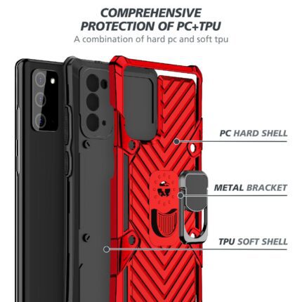 A smartphone case with a hard shell, metal bracket, and soft TPU layer for protection.