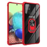 Samsung phone with red protective case and ring holder.