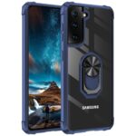Samsung smartphone with rugged case and built-in ring holder.