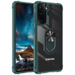 Samsung phone with a rugged case and built-in ring holder.