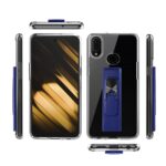 A smartphone with a blue ring holder and stylus shown from multiple angles.