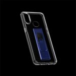 Transparent phone case with a blue card holder attached.