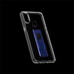 Transparent phone case with a blue card inside on a black background.