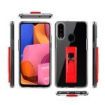 Black and red smartphone case with built-in ring holder and kickstand.