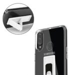 Transparent phone case with a built-in white kickstand for Samsung phone.