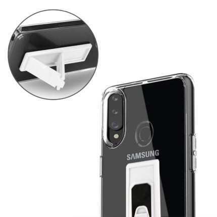 Transparent phone case with a built-in white kickstand for Samsung phone.