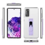 Multiple views of a smartphone with a purple-hued display and a unique rear stand case.