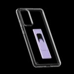 Transparent phone case with a built-in purple kickstand on a black background.