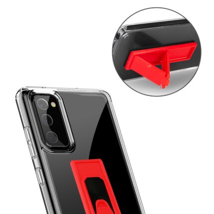 A black phone stand attached to the back of a smartphone for hands-free use.