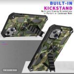 Camouflage phone case with built-in kickstand for hands-free use.