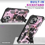 Pink and black camouflage phone case with built-in kickstand and rugged design.