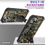 Durable phone case with built-in kickstand and camouflage design.