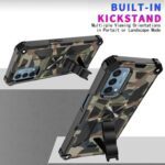 Camouflage phone case with built-in kickstand for hands-free use.