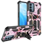 Rugged pink and black phone case with built-in kickstand and camouflage design.