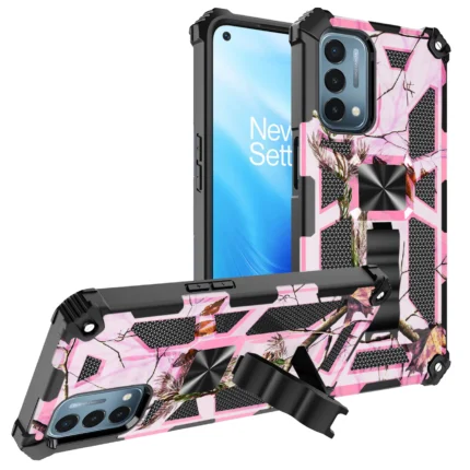 Rugged pink and black phone case with built-in kickstand and camouflage design.