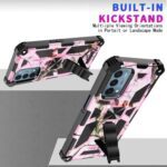 Pink camouflage phone case with built-in kickstand for hands-free use.