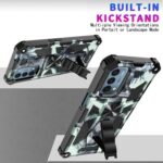 Camouflage phone case with built-in kickstand for convenience.