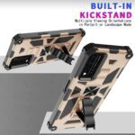 Rugged camouflage phone case with built-in kickstand for hands-free use.