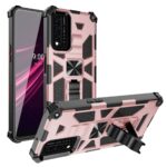 Protective pink and black phone case with built-in kickstand for hands-free use.