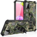 Rugged camouflage phone case with protective corner bumpers for enhanced durability.