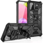 Rugged black protective phone case with a built-in kickstand.