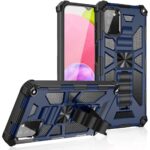 Rugged blue phone case with black accents and a built-in kickstand.