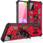 Red and black rugged phone case with a kickstand and reinforced corners.