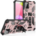 Rugged pink and black phone case with reinforced corners and kickstand.