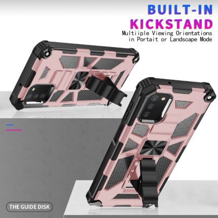 Rugged phone case with built-in kickstand and reinforced corners for protection.
