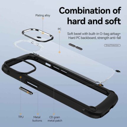 Protective phone case combining hard and soft materials with precise cutouts.