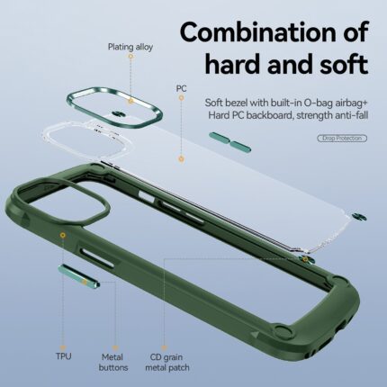 Phone case with hard back and soft TPU edges for protection and easy installation.