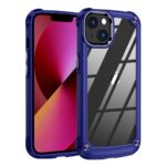 Transparent phone case with blue bumper protecting a smartphone.