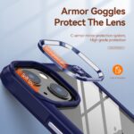 Close-up of a phone camera with protective armor goggles on the lens.