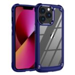 A modern smartphone in a protective transparent and blue case.