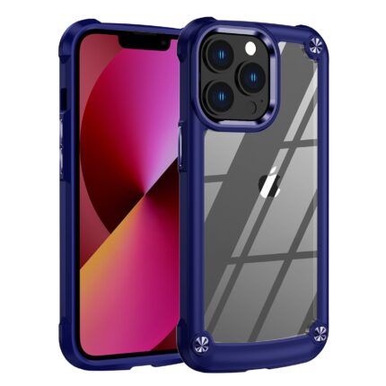A modern smartphone in a protective transparent and blue case.
