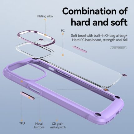 Exploded view of a purple phone case showing its hard and soft layers for protection.