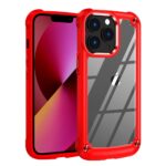 Red protective case on a smartphone with a clear back and reinforced corners.