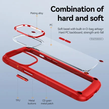 Exploded view of a red phone case showing its hard and soft layers.