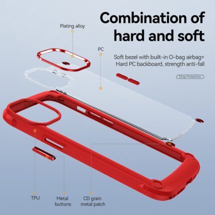 Red protective phone case with hard and soft layers for enhanced protection.