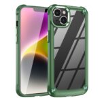 Modern smartphone with a green protective case and clear back.