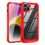 A sleek smartphone with a red protective case and reflective screen.