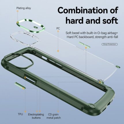 Protective phone case with hard frame and soft edges for full coverage.
