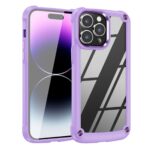 Purple rugged phone case with clear back and metallic phone inside.