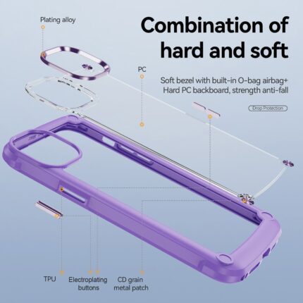 Purple phone case with hard frame and soft edges for protection.